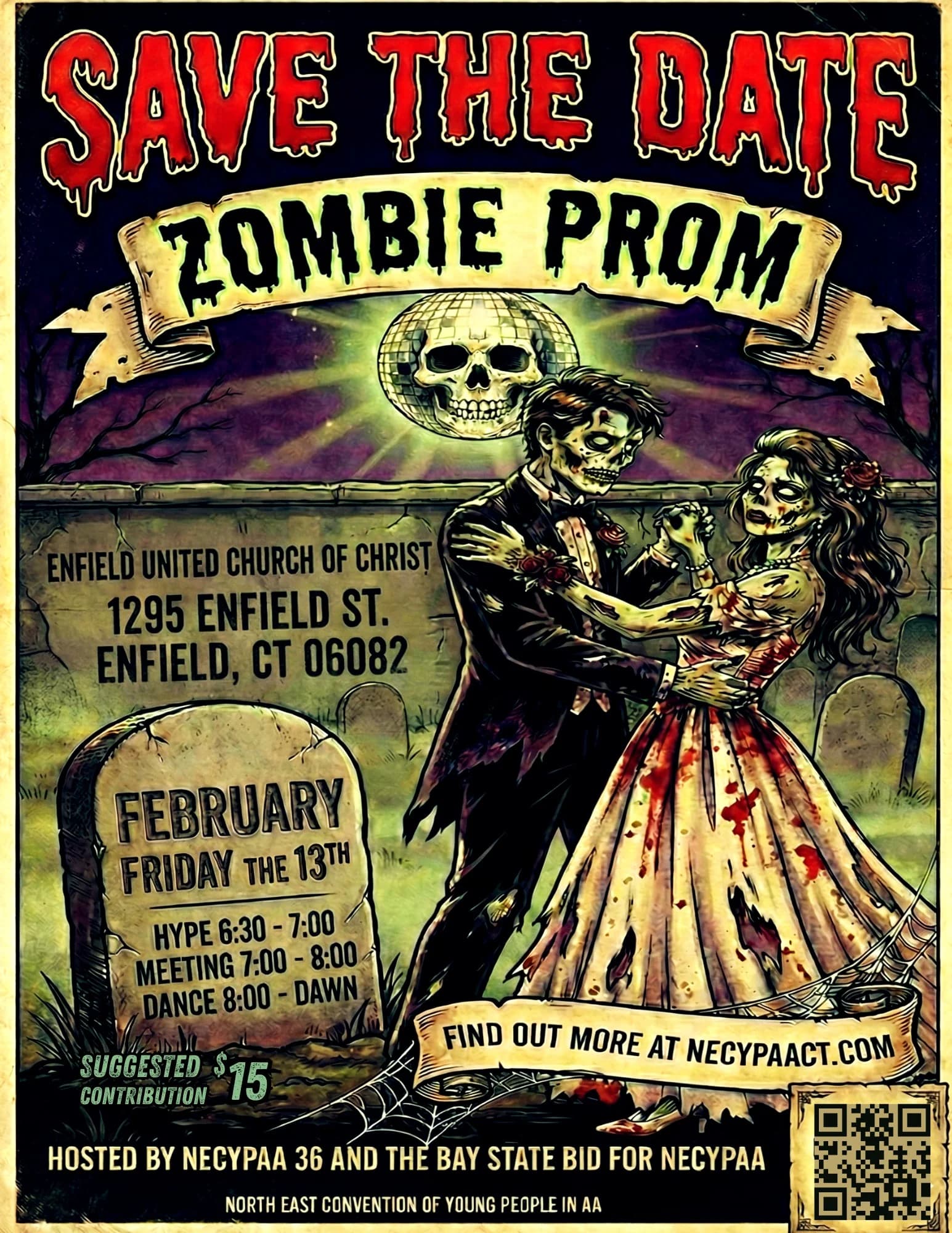 Zombie Prom — Dance and meeting, February 13th 2026 at Enfield United Church of Christ, 1295 Enfield St, Enfield CT